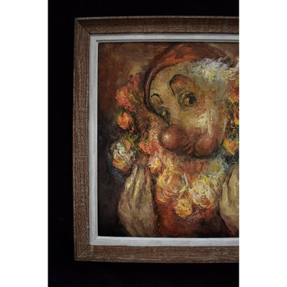 Vintage oil painting depicting a portrait of a clown with roses signed MInsk for sale at Winckelmann Gallery