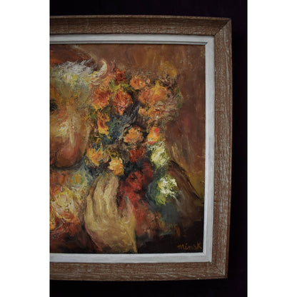 Vintage oil painting depicting a portrait of a clown with roses signed MInsk for sale at Winckelmann Gallery