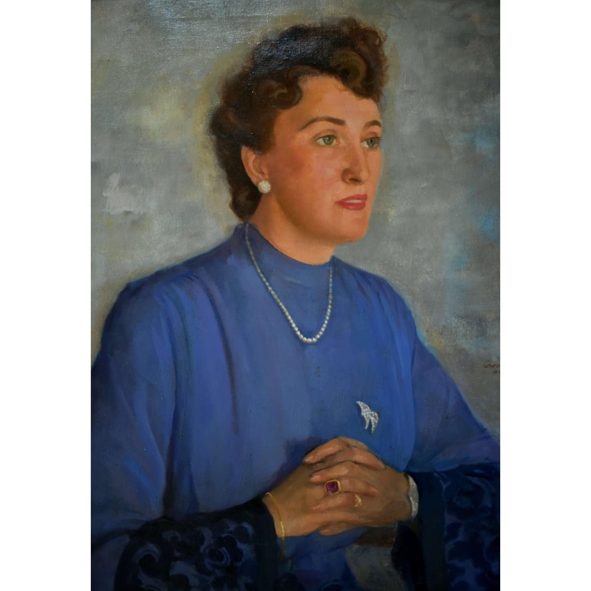 Conrad Pfau 1944 original oil portrait painting woman blue dress vintage German art signed framed