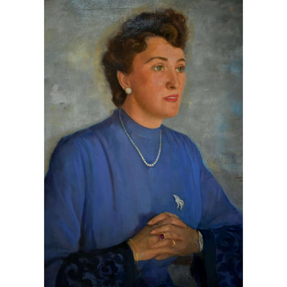 Conrad Pfau 1944 original oil portrait painting woman blue dress vintage German art signed framed