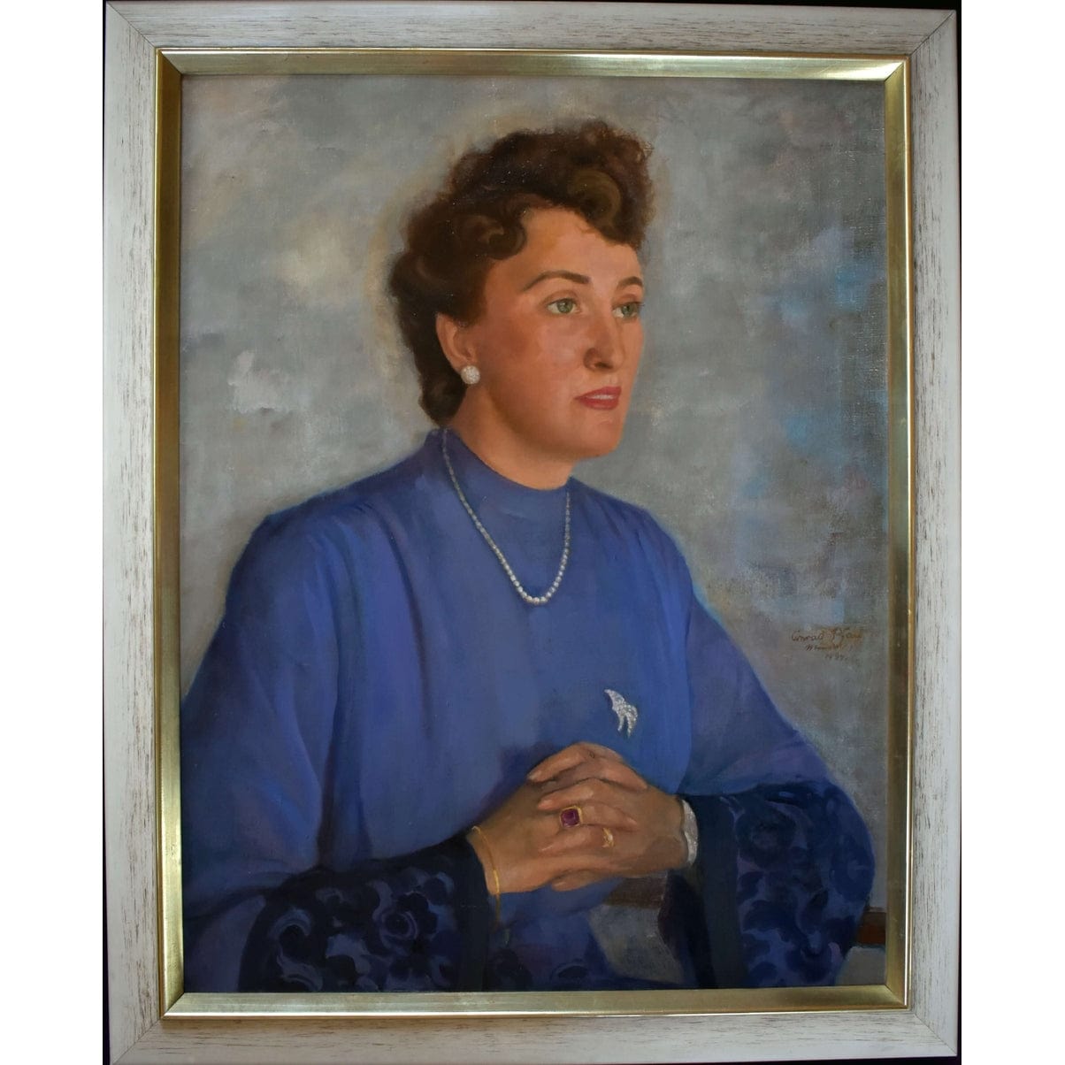 Conrad Pfau 1944 original oil portrait painting woman blue dress vintage German art signed framed