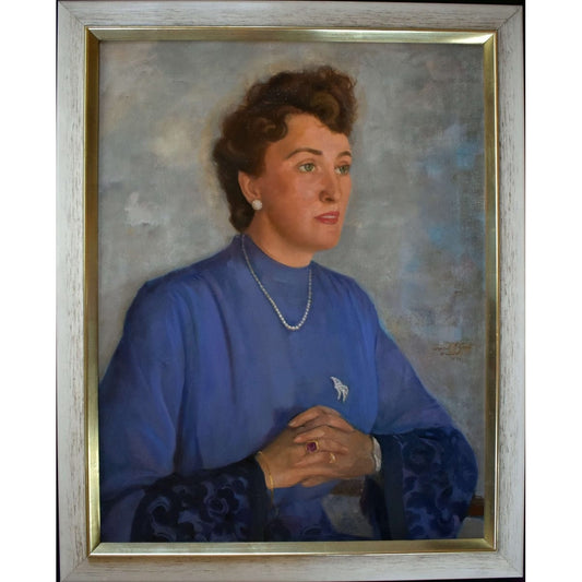Conrad Pfau 1944 original oil portrait painting woman blue dress vintage German art signed framed