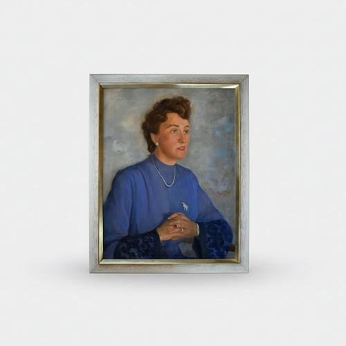 Conrad Pfau woman blue dress 1944 full view in ornate frame
