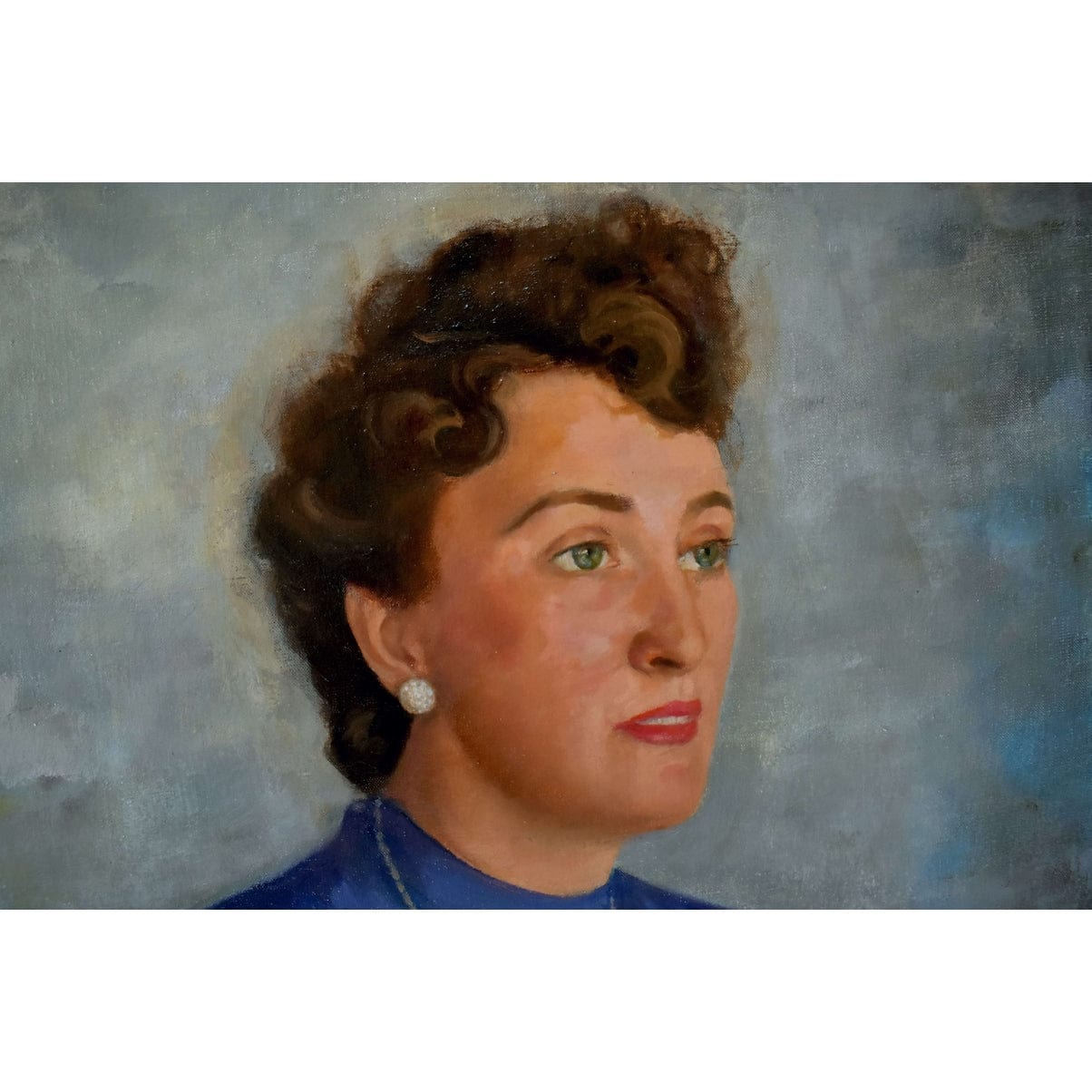 Medium shot detail of woman's face Conrad Pfau 1944 oil portrait
