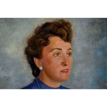 Conrad Pfau 1944 original oil portrait painting woman blue dress vintage German art signed framed
