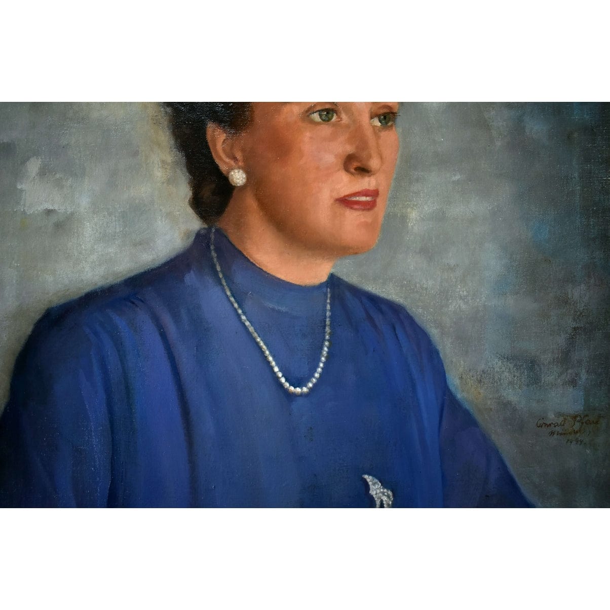 Conrad Pfau 1944 original oil portrait painting woman blue dress vintage German art signed framed