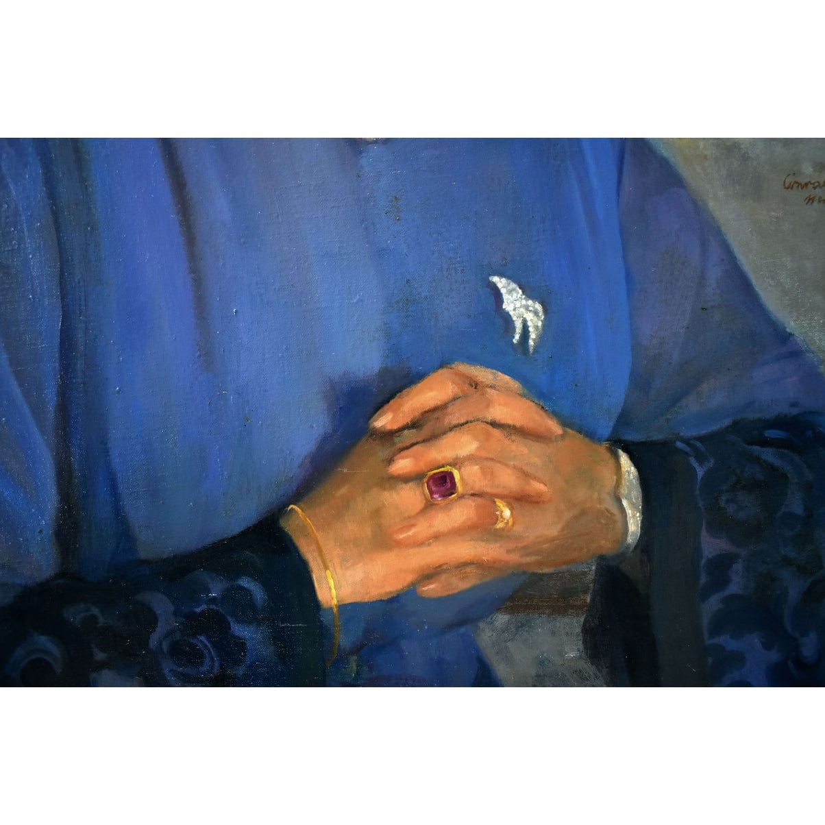Conrad Pfau 1944 original oil portrait painting woman blue dress vintage German art signed framed