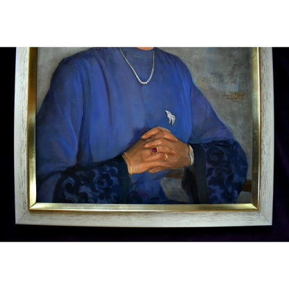 Conrad Pfau 1944 original oil portrait painting woman blue dress vintage German art signed framed