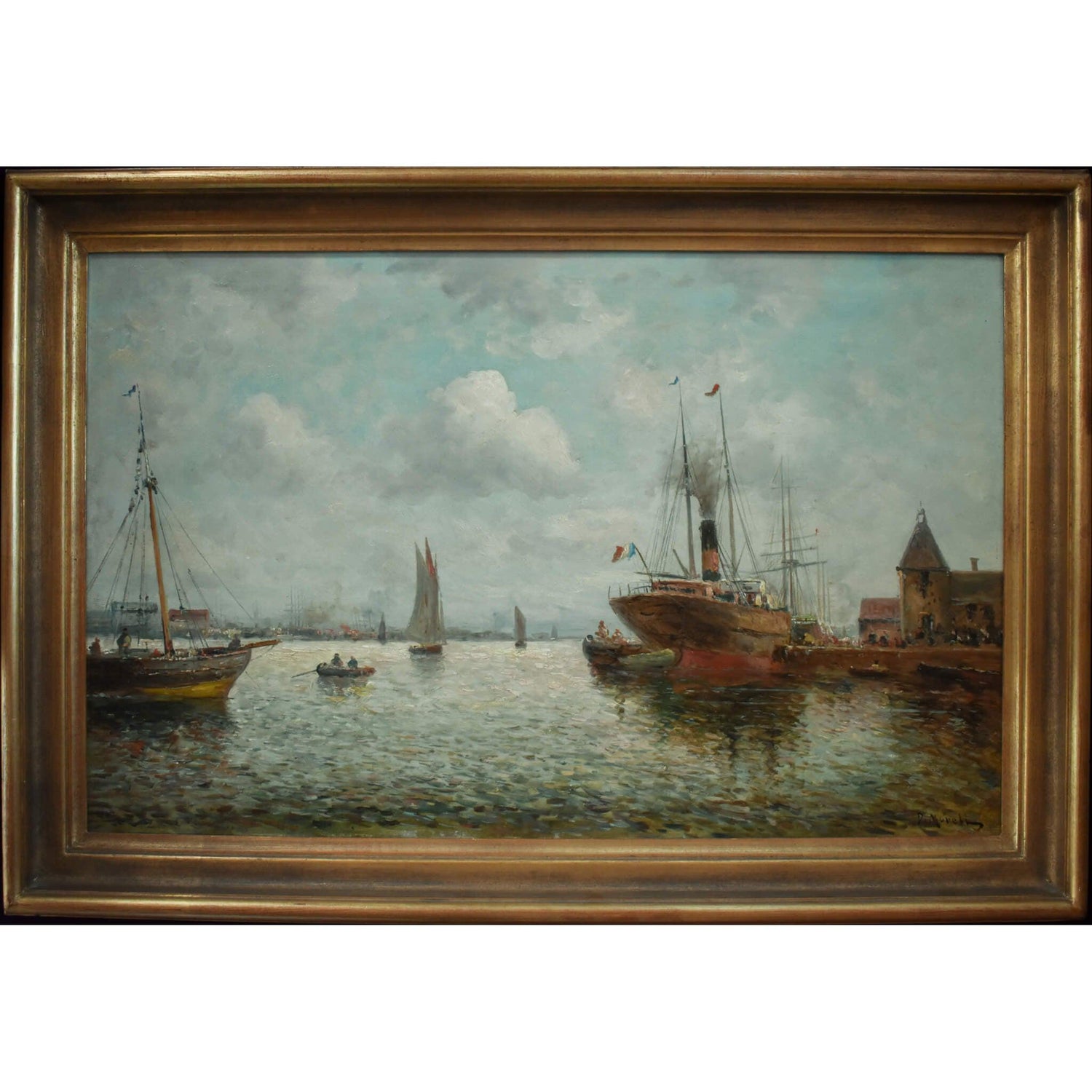 Antique seascape oil painting depicting a harbour with sailboats circa 1880 by D'Arcy Morell for sale at Winckelmann Gallery