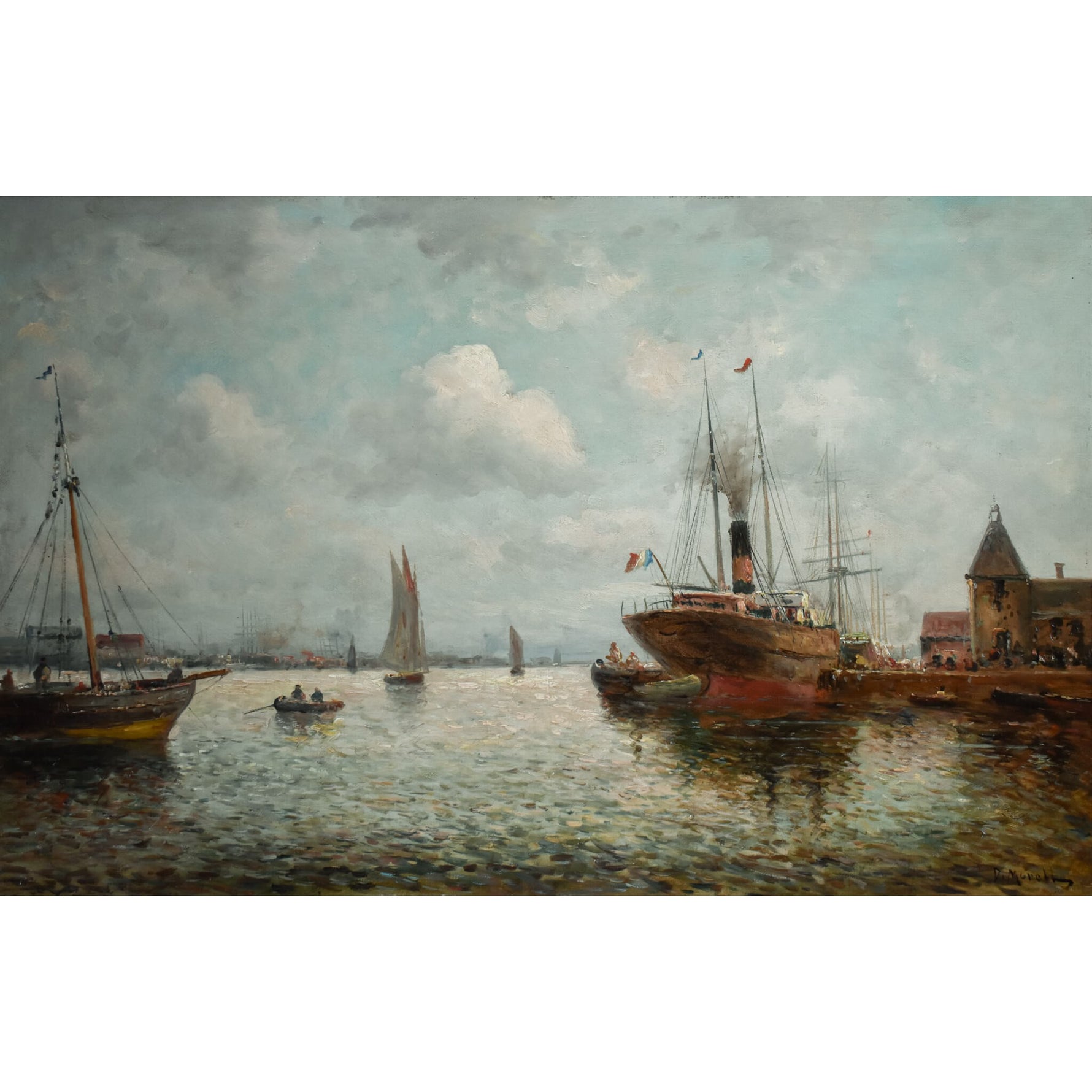 Antique seascape oil painting depicting a harbour with sailboats circa 1880 by D'Arcy Morell for sale at Winckelmann Gallery