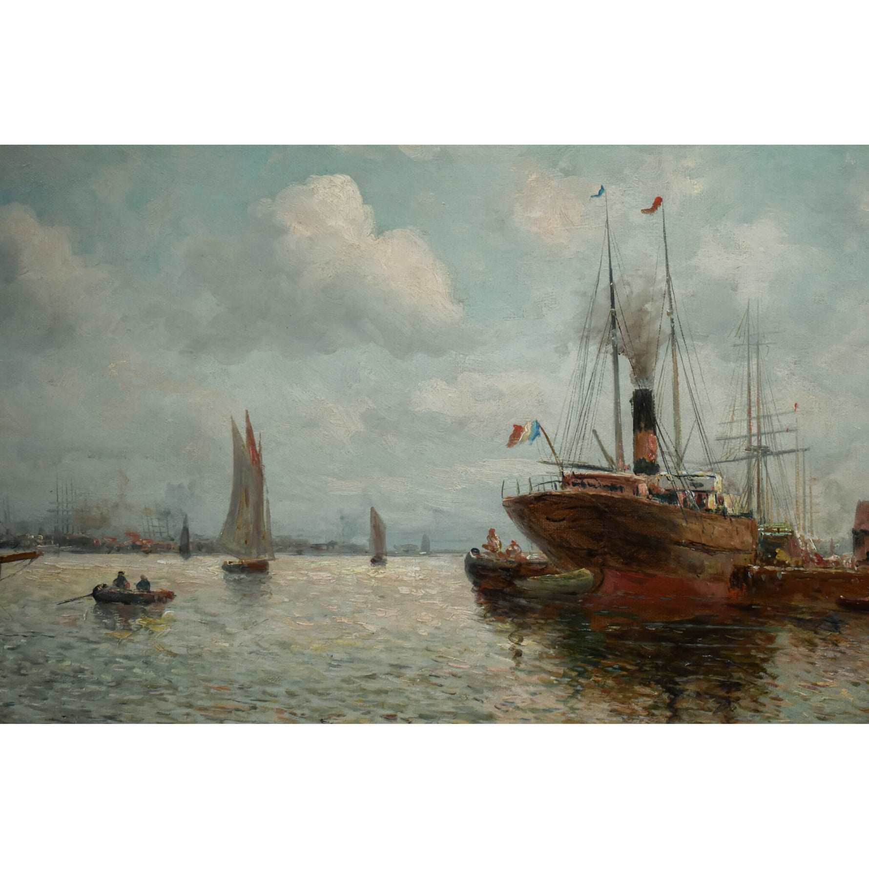 Antique seascape oil painting depicting a harbour with sailboats circa 1880 by D'Arcy Morell for sale at Winckelmann Gallery