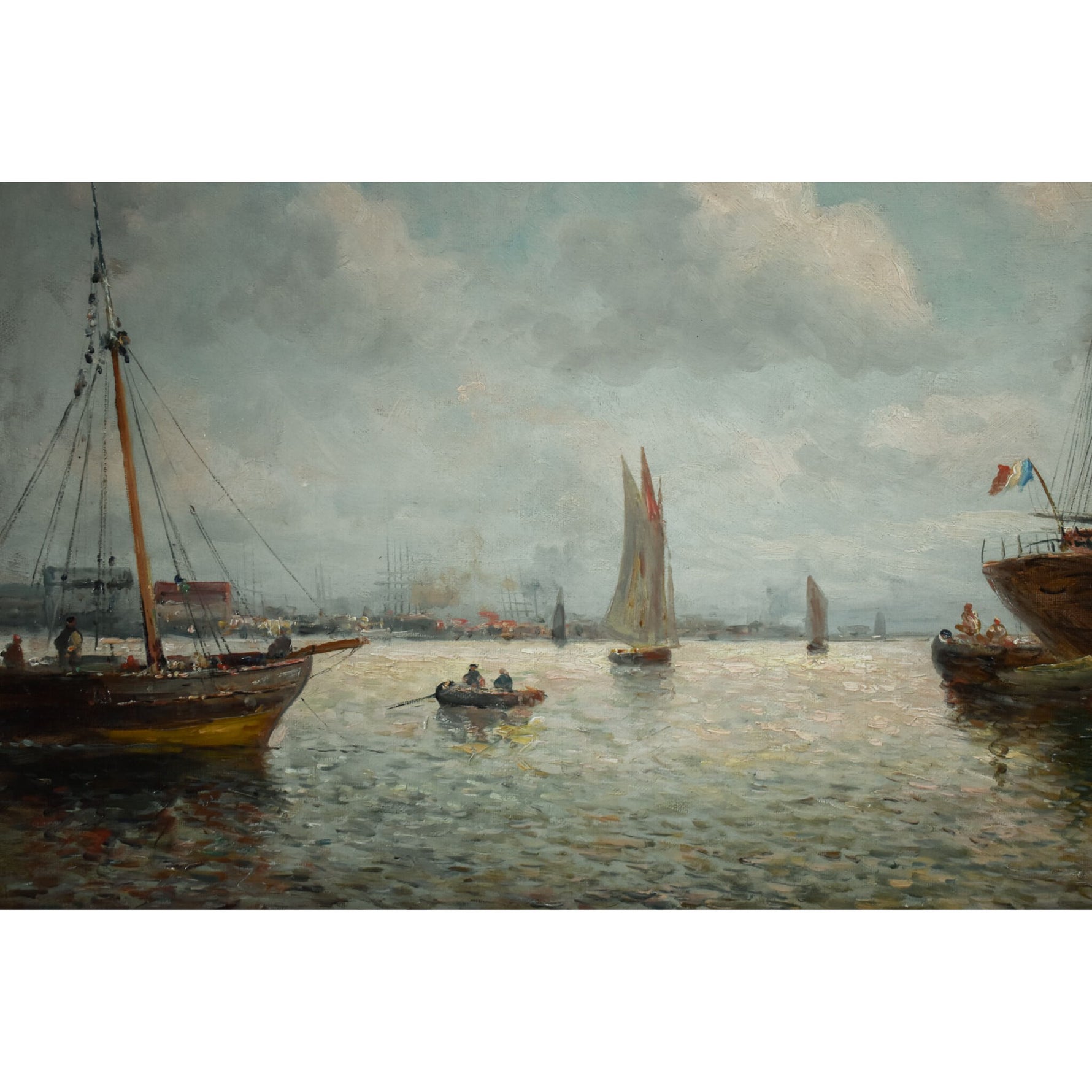 Antique seascape oil painting depicting a harbour with sailboats circa 1880 by D'Arcy Morell for sale at Winckelmann Gallery