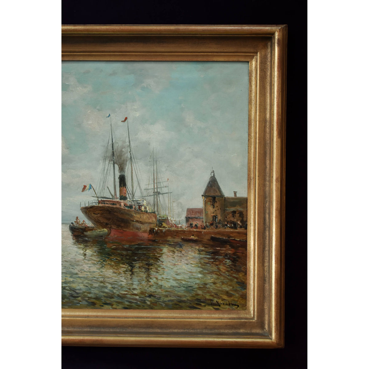 Antique seascape oil painting depicting a harbour with sailboats circa 1880 by D'Arcy Morell for sale at Winckelmann Gallery