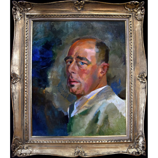 Edmond Dutry portrait painting 1950 oil on canvas Belgian artist unsigned man in ornate gilded frame.