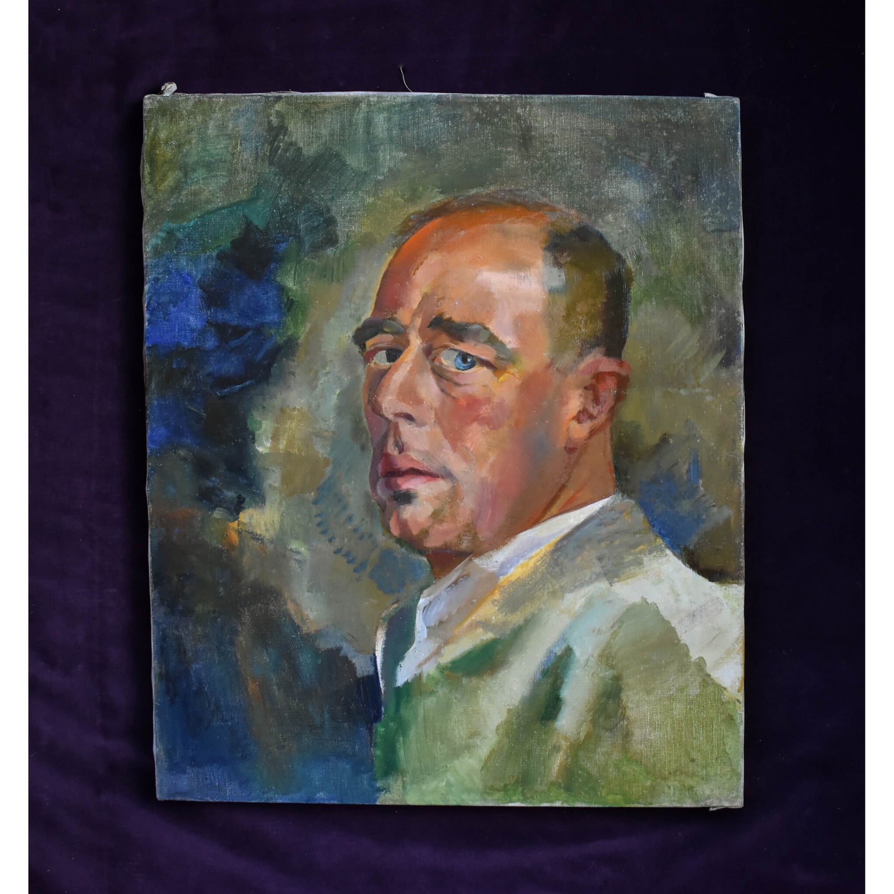 Vintage oil painting portrait of a blue eyes man circa 1935 by Belgian artist Edmond Dutry, for sale at Winckelmann Gallery