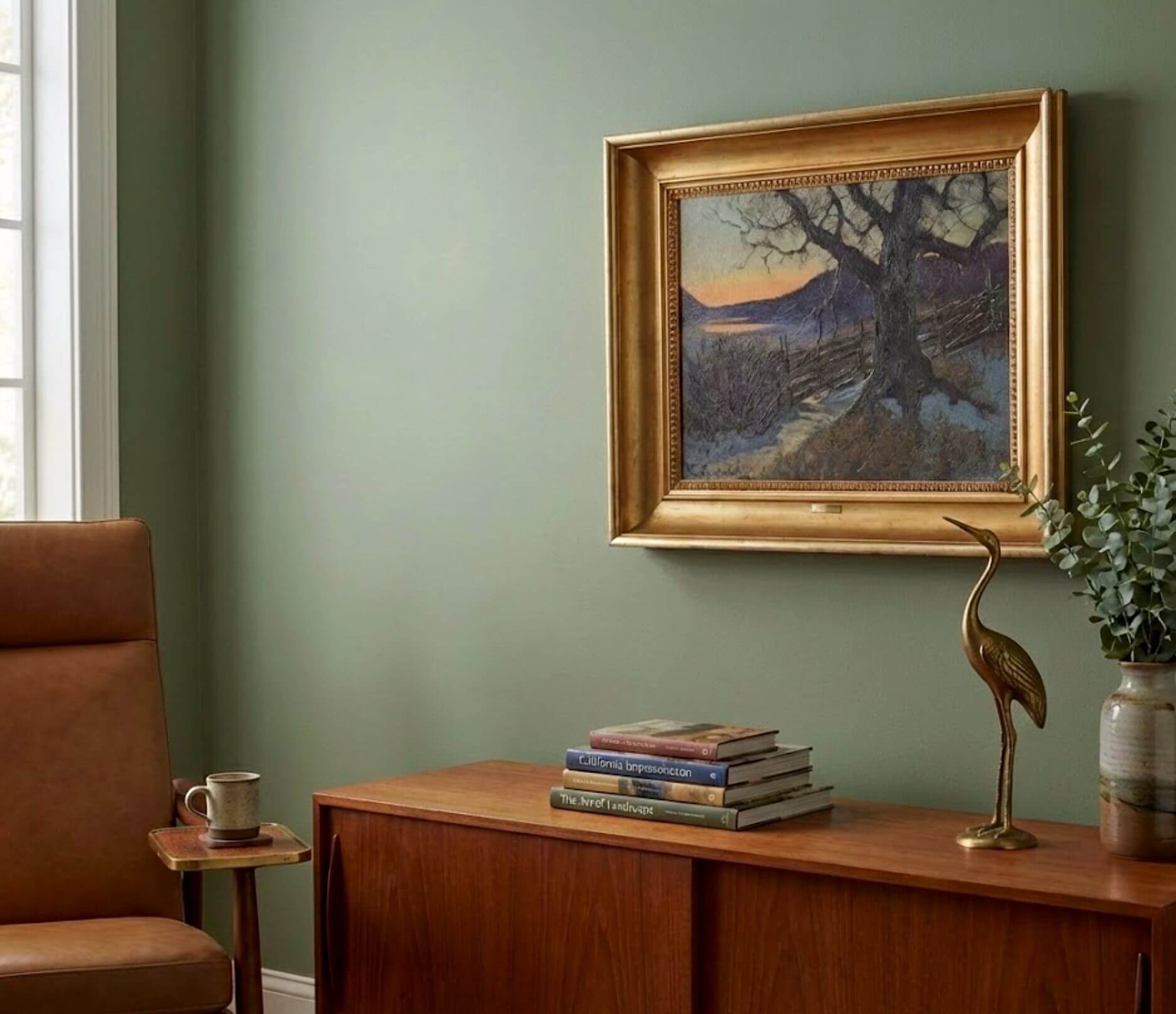 Edvard Rosenberg 1915 winter twilight landscape gilded frame displayed in a traditional interior setting - digital representation