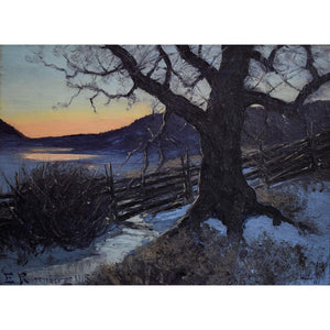 Original oil painting by Edvard Rosenberg depicting a winter twilight landscape, for sale at Winckelmann Gallery