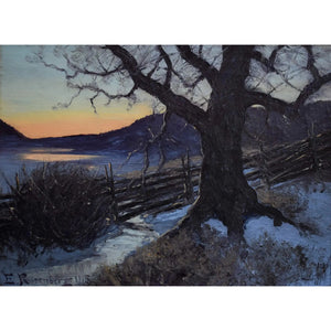 Original oil painting by Edvard Rosenberg depicting a winter twilight landscape, for sale at Winckelmann Gallery