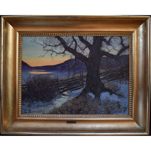 Original oil painting by Edvard Rosenberg depicting a winter twilight landscape, for sale at Winckelmann Gallery