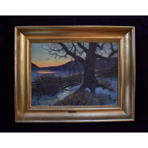 Original oil painting by Edvard Rosenberg depicting a winter twilight landscape, for sale at Winckelmann Gallery