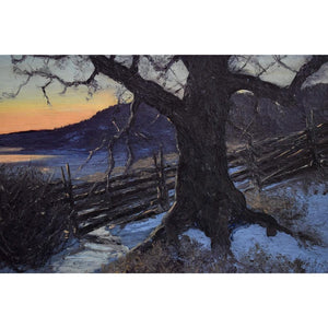 Original oil painting by Edvard Rosenberg depicting a winter twilight landscape, for sale at Winckelmann Gallery