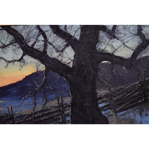 Original oil painting by Edvard Rosenberg depicting a winter twilight landscape, for sale at Winckelmann Gallery