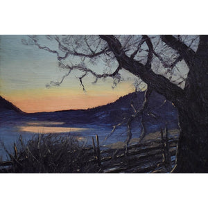 Original oil painting by Edvard Rosenberg depicting a winter twilight landscape, for sale at Winckelmann Gallery