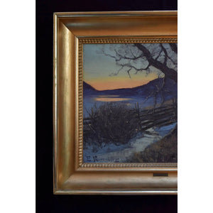 Original oil painting by Edvard Rosenberg depicting a winter twilight landscape, for sale at Winckelmann Gallery