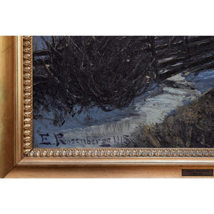 Original oil painting by Edvard Rosenberg depicting a winter twilight landscape, for sale at Winckelmann Gallery