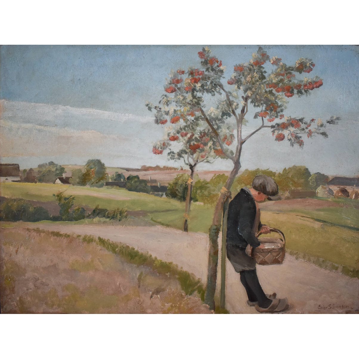Original 1930s oil painting by Danish artist Eiler Sørensen depicting rural countryside scene with walking figure, tree, and pastoral landscape