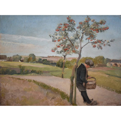 Original 1930s oil painting by Danish artist Eiler Sørensen depicting rural countryside scene with walking figure, tree, and pastoral landscape