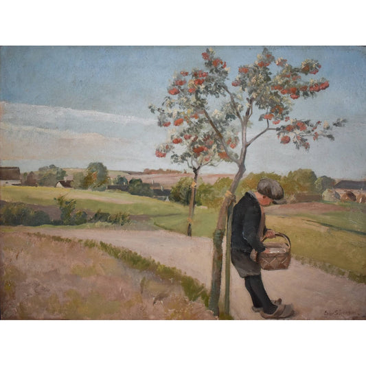 Original 1930s oil painting by Danish artist Eiler Sørensen depicting rural countryside scene with walking figure, tree, and pastoral landscape