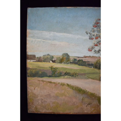 Original 1930s oil painting by Danish artist Eiler Sørensen depicting rural countryside scene with walking figure, tree, and pastoral landscape