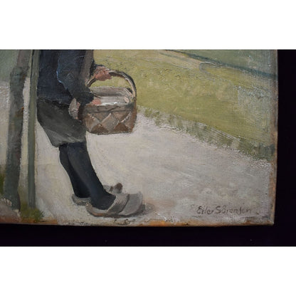 Original 1930s oil painting by Danish artist Eiler Sørensen depicting rural countryside scene with walking figure, tree, and pastoral landscape