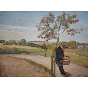 Charming 1930s Danish landscape by Eiler Sørensen. A boy with basket under a cherry tree, painted in serene Nordic tones. Oil on canvas, unframed.