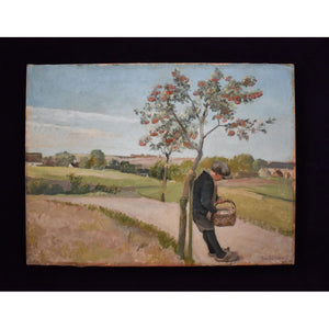 Charming 1930s Danish landscape by Eiler Sørensen. A boy with basket under a cherry tree, painted in serene Nordic tones. Oil on canvas, unframed.