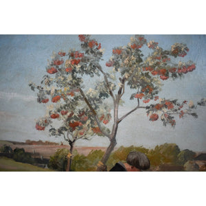 Charming 1930s Danish landscape by Eiler Sørensen. A boy with basket under a cherry tree, painted in serene Nordic tones. Oil on canvas, unframed.