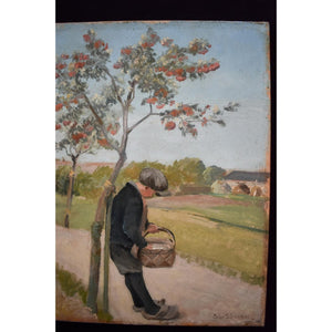 Charming 1930s Danish landscape by Eiler Sørensen. A boy with basket under a cherry tree, painted in serene Nordic tones. Oil on canvas, unframed.