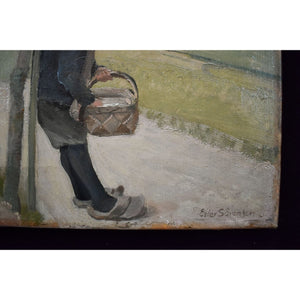 Charming 1930s Danish landscape by Eiler Sørensen. A boy with basket under a cherry tree, painted in serene Nordic tones. Oil on canvas, unframed.
