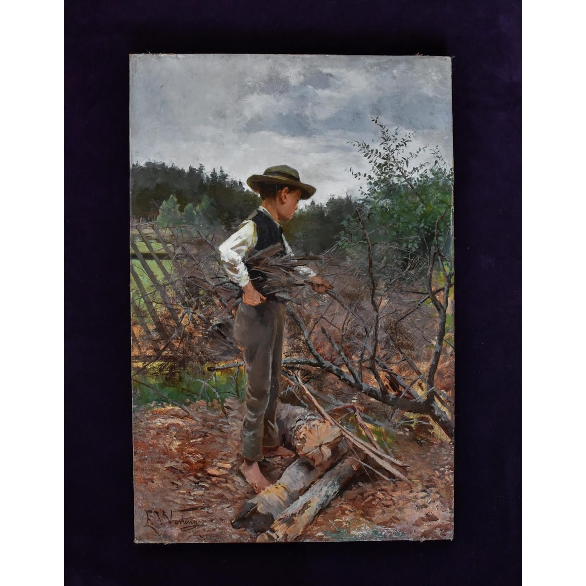 Elisabeth Warling barefoot boy collecting branches rustic scene 1890
