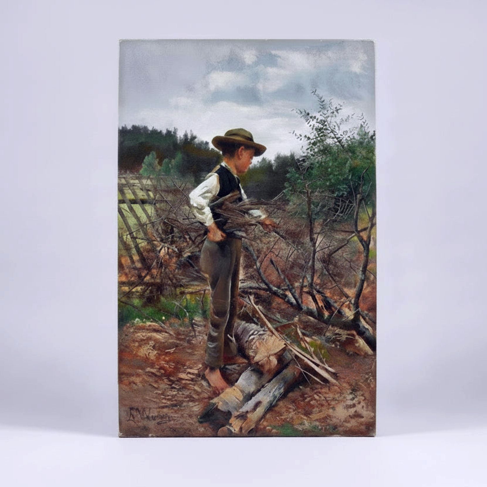 Elisabeth Warling barefoot boy collecting branches rustic scene 1890
