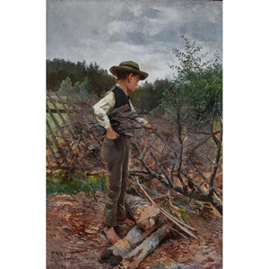 Oil painting by Elisabeth Warling titled 'Boy Gathering Wood' (c. 1890), depicting a barefoot boy collecting branches in a rustic Swedish landscape, naturalistic style, earthy tones, signed lower left.
