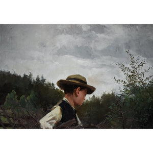 Oil painting by Elisabeth Warling titled 'Boy Gathering Wood' (c. 1890), depicting a barefoot boy collecting branches in a rustic Swedish landscape, naturalistic style, earthy tones, signed lower left.