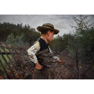Oil painting by Elisabeth Warling titled 'Boy Gathering Wood' (c. 1890), depicting a barefoot boy collecting branches in a rustic Swedish landscape, naturalistic style, earthy tones, signed lower left.