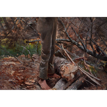 Oil painting by Elisabeth Warling titled 'Boy Gathering Wood' (c. 1890), depicting a barefoot boy collecting branches in a rustic Swedish landscape, naturalistic style, earthy tones, signed lower left.