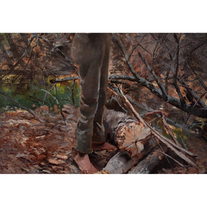 Oil painting by Elisabeth Warling titled 'Boy Gathering Wood' (c. 1890), depicting a barefoot boy collecting branches in a rustic Swedish landscape, naturalistic style, earthy tones, signed lower left.