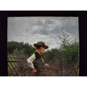 Oil painting by Elisabeth Warling titled 'Boy Gathering Wood' (c. 1890), depicting a barefoot boy collecting branches in a rustic Swedish landscape, naturalistic style, earthy tones, signed lower left.