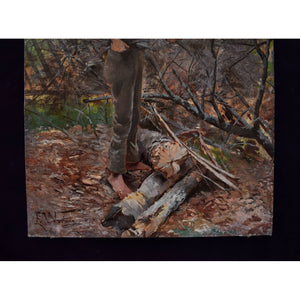 Oil painting by Elisabeth Warling titled 'Boy Gathering Wood' (c. 1890), depicting a barefoot boy collecting branches in a rustic Swedish landscape, naturalistic style, earthy tones, signed lower left.