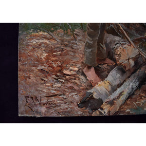 Oil painting by Elisabeth Warling titled 'Boy Gathering Wood' (c. 1890), depicting a barefoot boy collecting branches in a rustic Swedish landscape, naturalistic style, earthy tones, signed lower left.