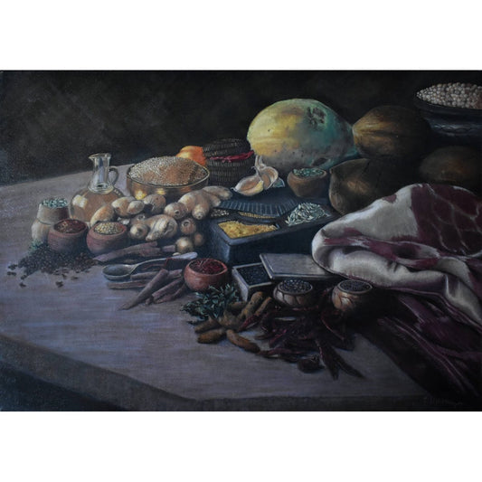Original oil painting by Erwin Mistlberger depicting a still life with spices, roots and exotics fruits for sale at Winckelmann Gallery